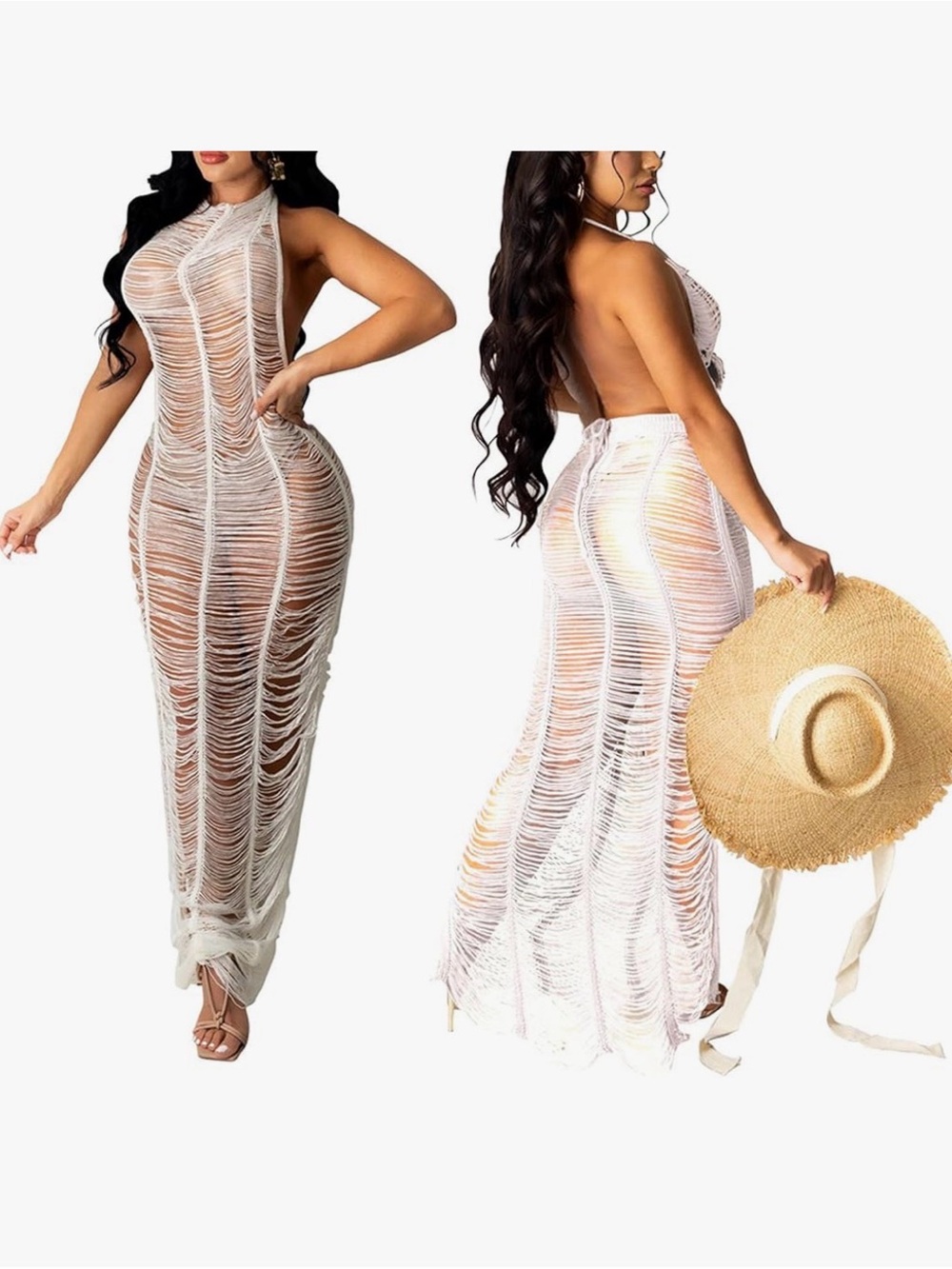 Fashion Nova Orange & White Crochet Halter Cover-Up Maxi - Picture 2 of 8